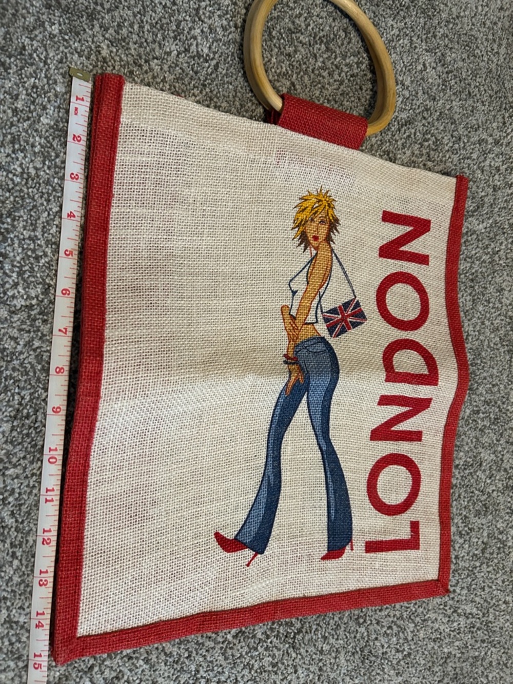 Beige Canvas London Tote with Red Trim and Ring Handle - Picture 2 of 7